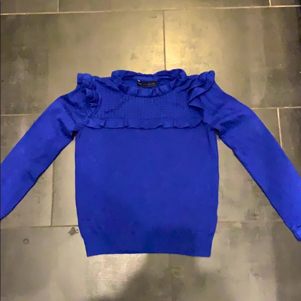 Electric blue sweater frill sleeve and shoulders